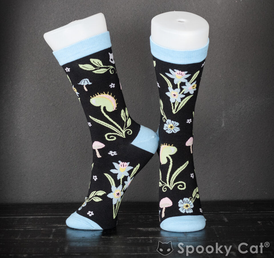 Venus Flytrap, Mushroom, and floral jacquard socks