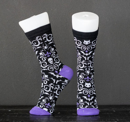 Gothic Skull Spooky Cat Damask Socks