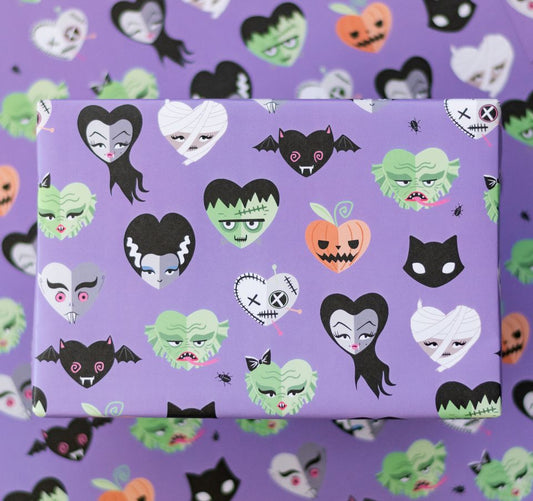 Pastel Goth Universal Monster heart print Spooky Gift Wrap