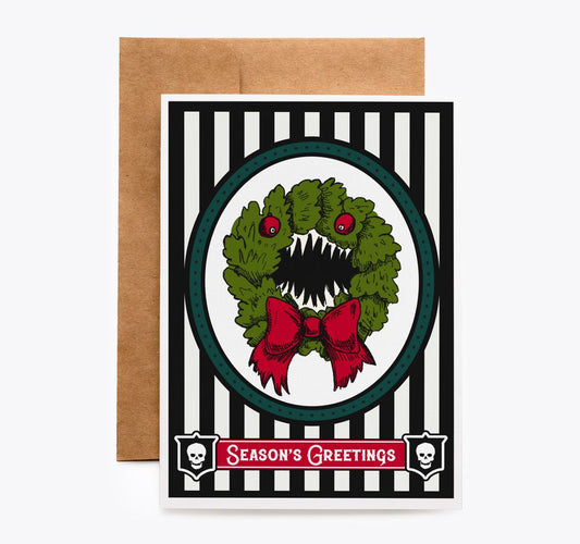 Gothic Christmas Card with Monster Wreath Burtonesque